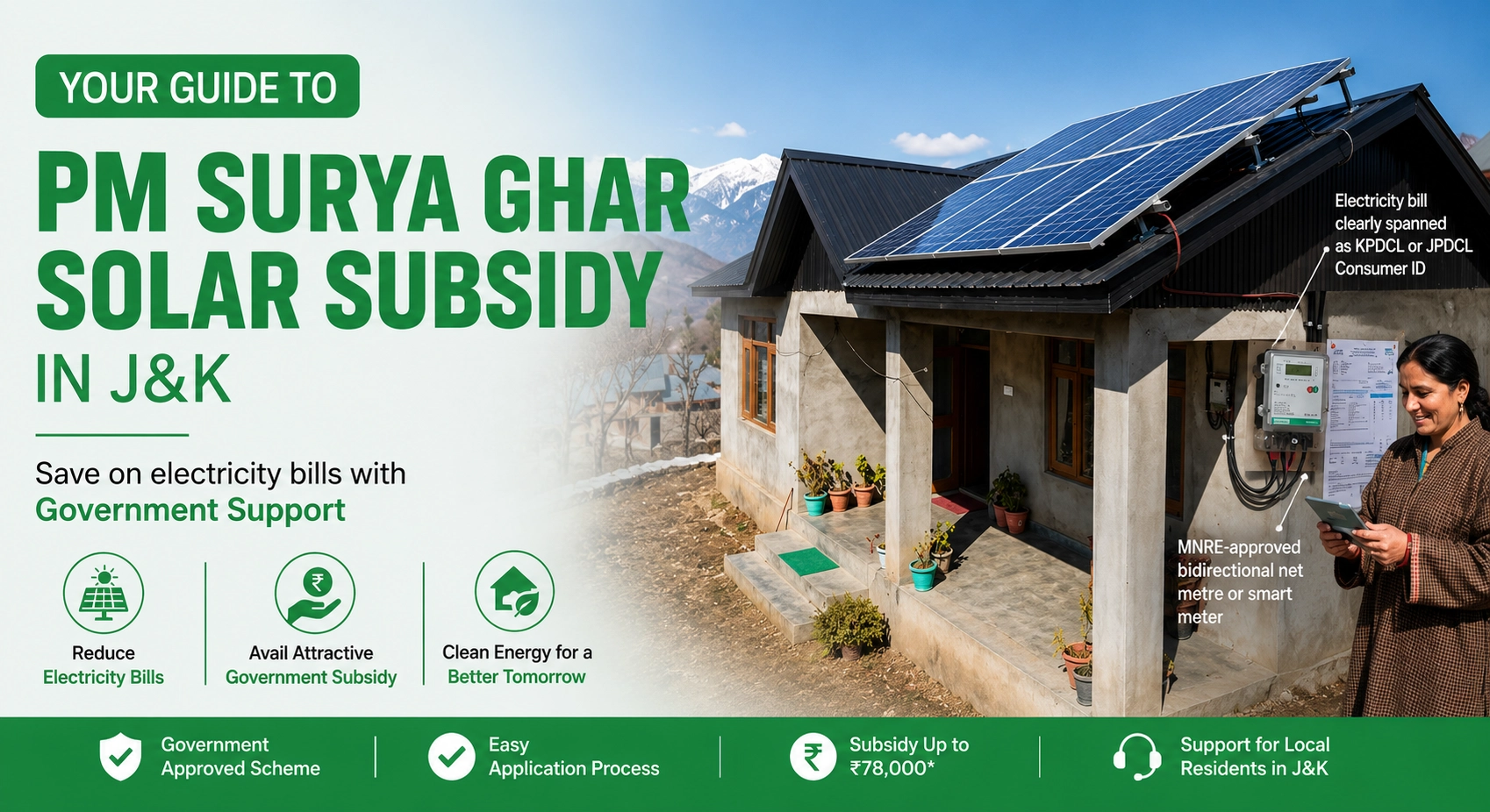A woman standing happily next to her small house that has a solar panel system installed on the roof